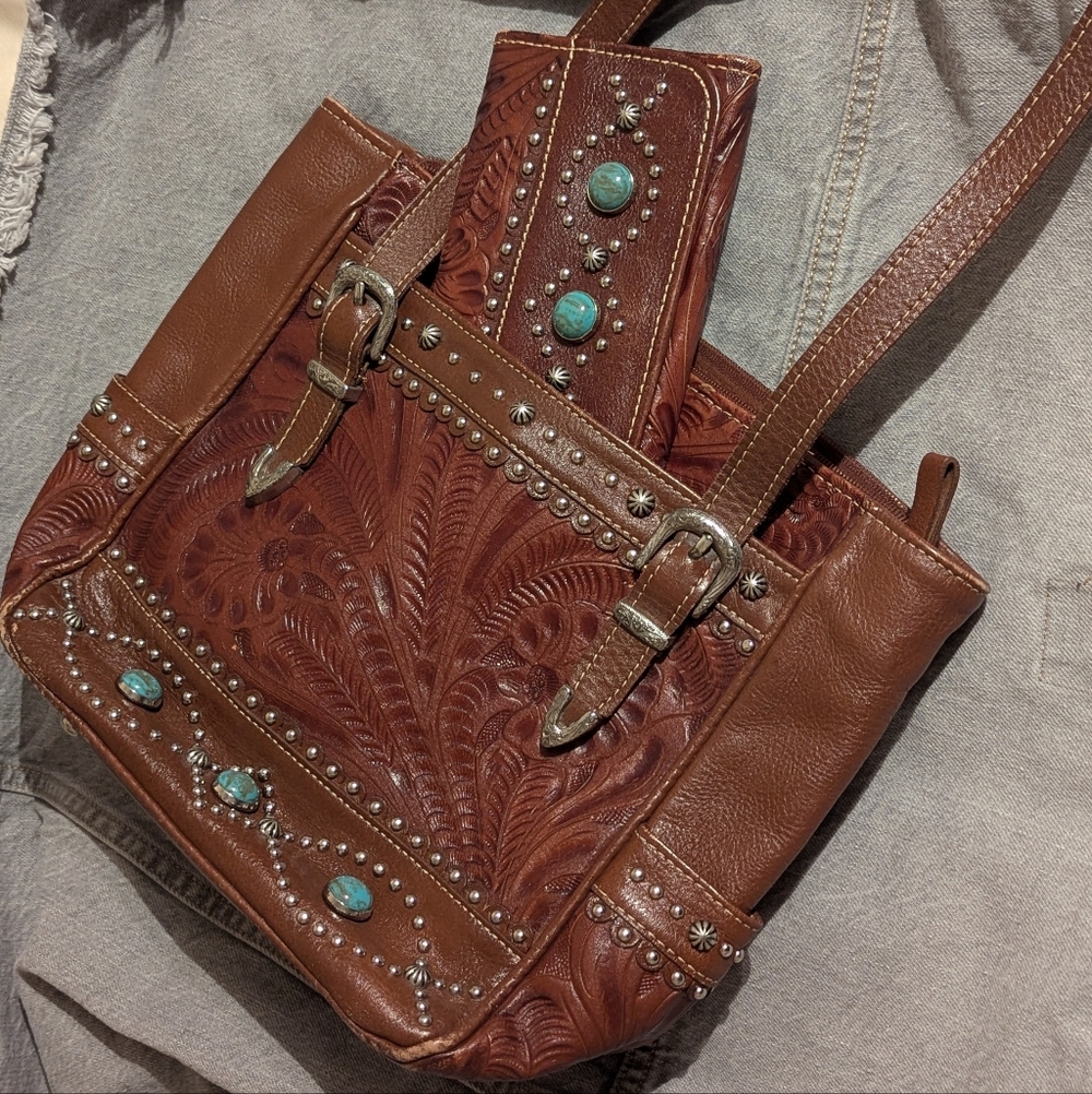 American West Brown Leather Shoulder Bag with Turquoise Accents - Picture 14 of 14
